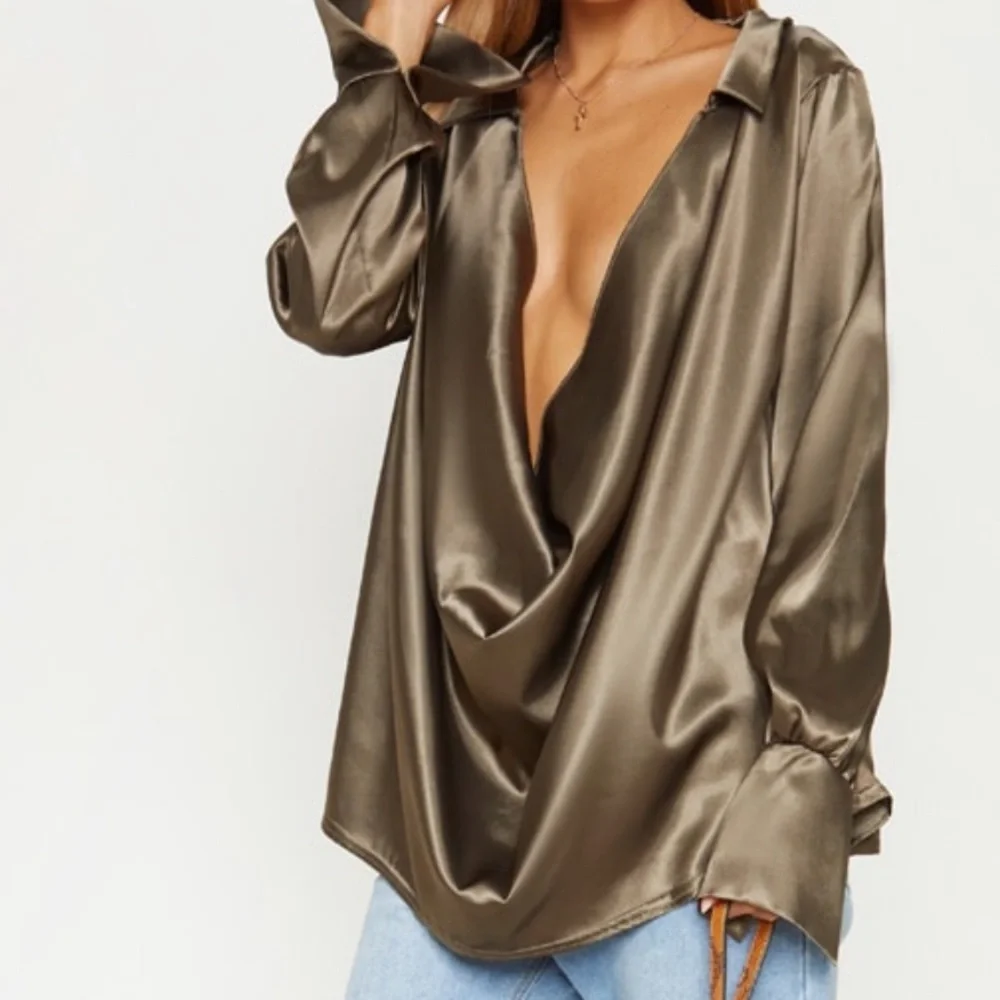 PLT Khaki Cowl Satin Shirt - Picture 1 of 4